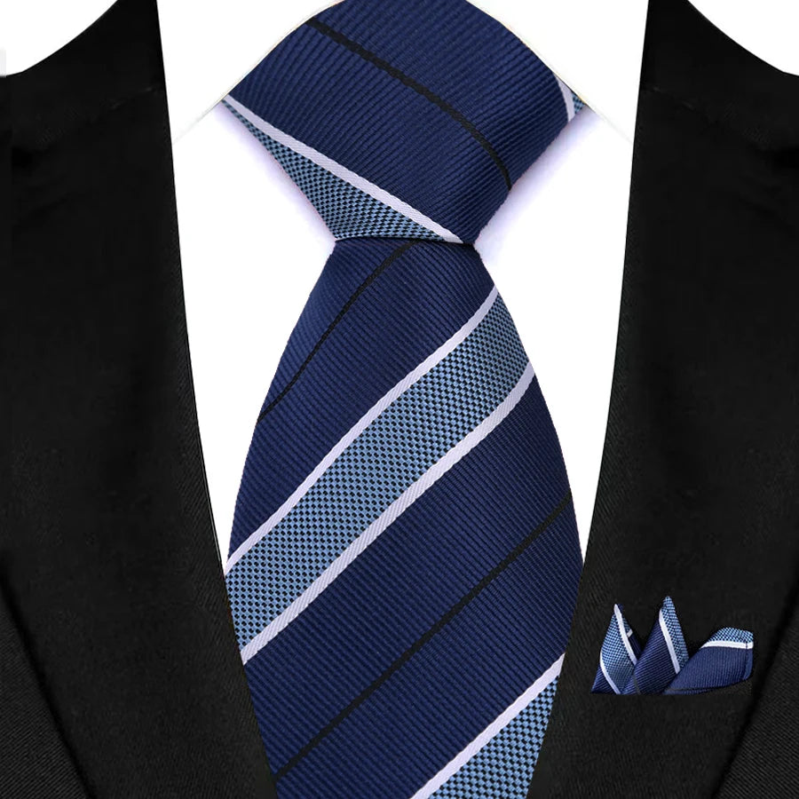 Blue Pocket Square Classic Stripes Necktie Handkerchief Set
