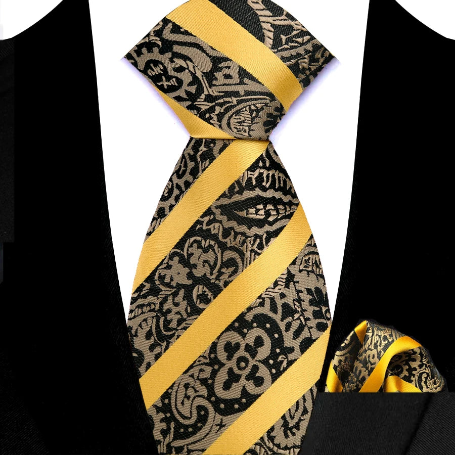 Yellow Pocket Square Classic Stripes Necktie Handkerchief Set