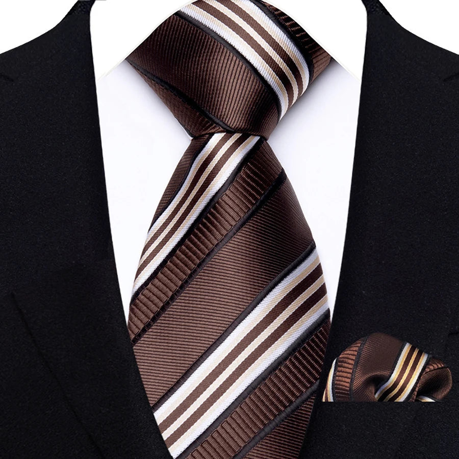 Brown Pocket Square Classic Stripes Necktie Handkerchief Set