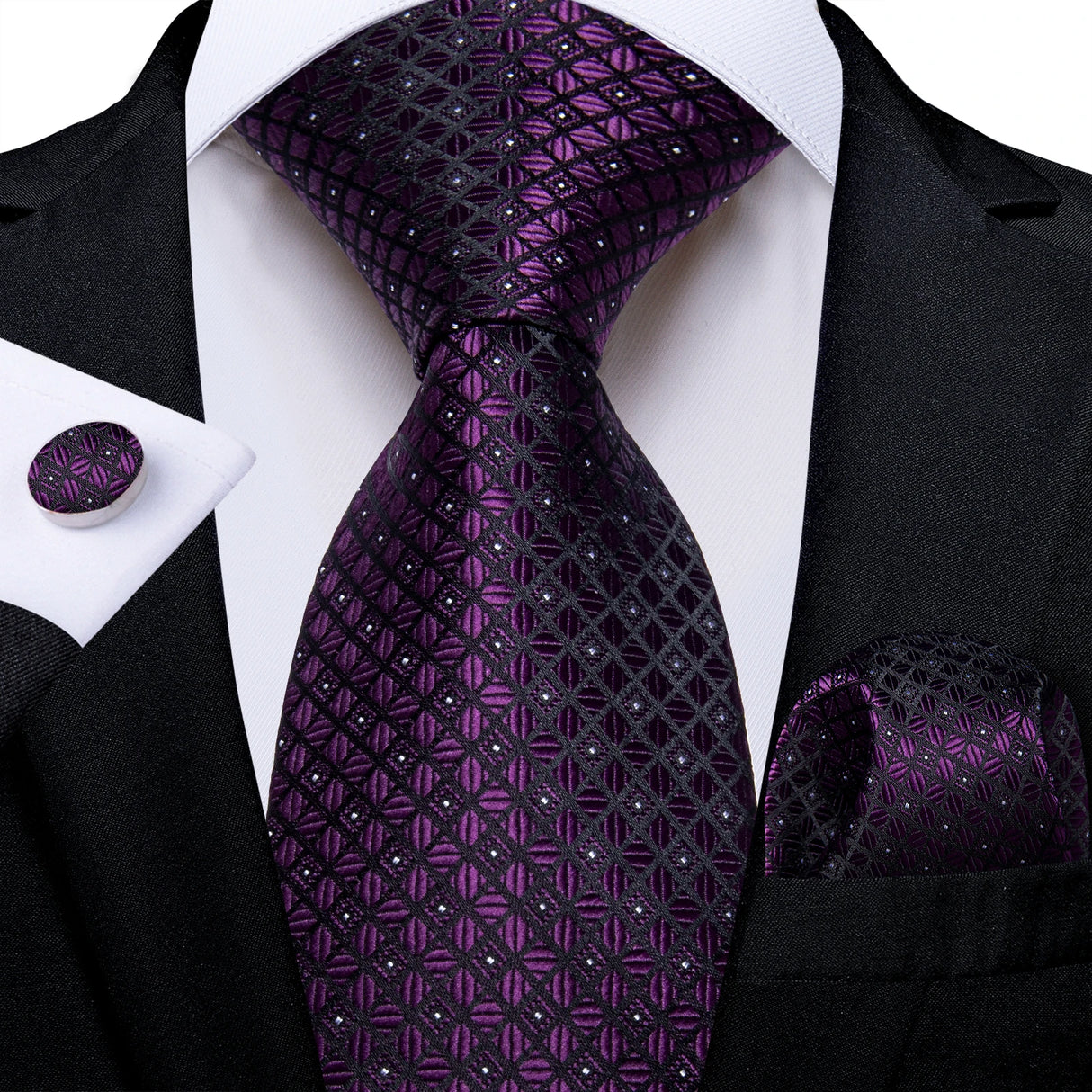 Purple Pocket Square Cufflinks Silk Polyester Ties