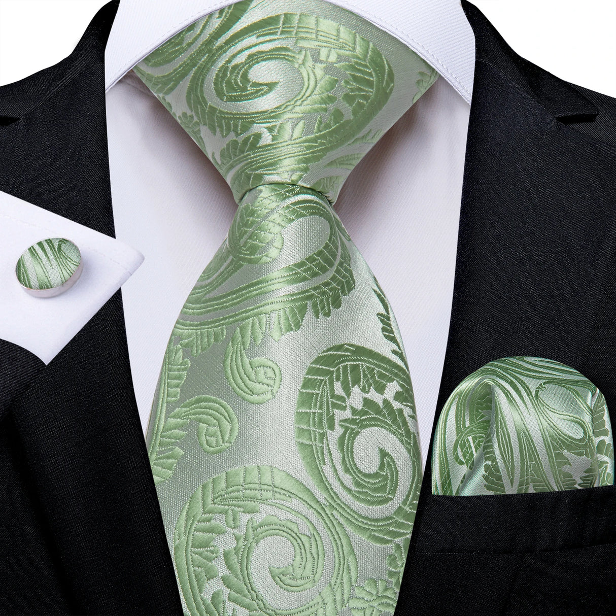 Green Pocket Square Cufflinks Silk Polyester Ties