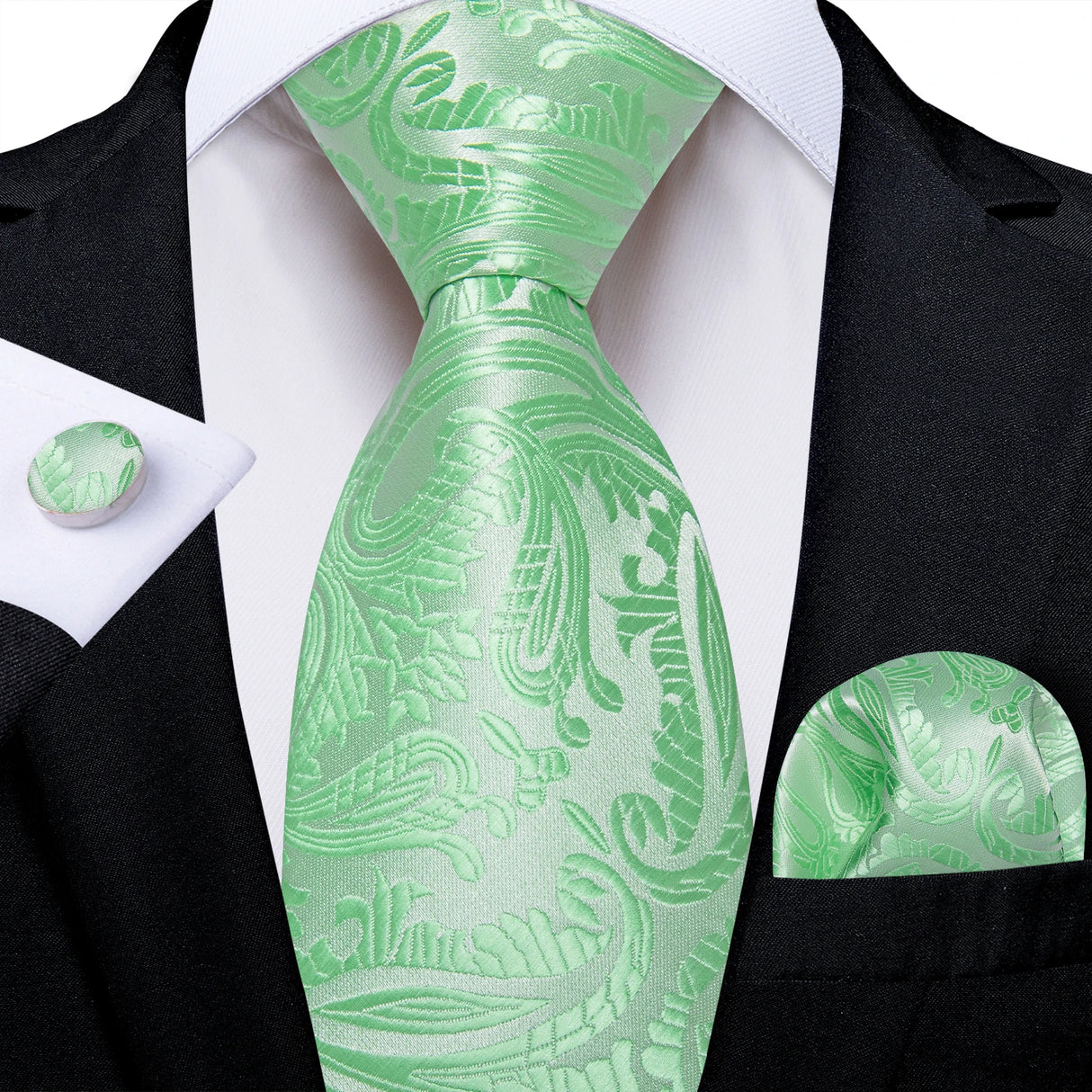 Green Pocket Square Cufflinks Silk Polyester Ties