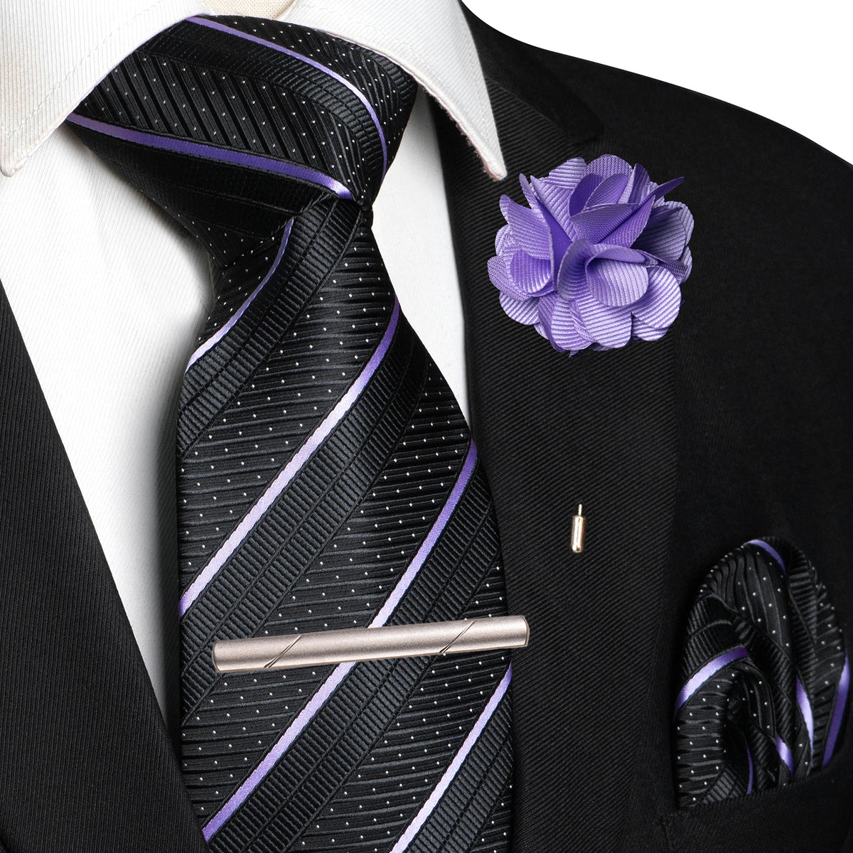 Purple Pocket Square Lapel Pin Clip Set Wedding Tie
