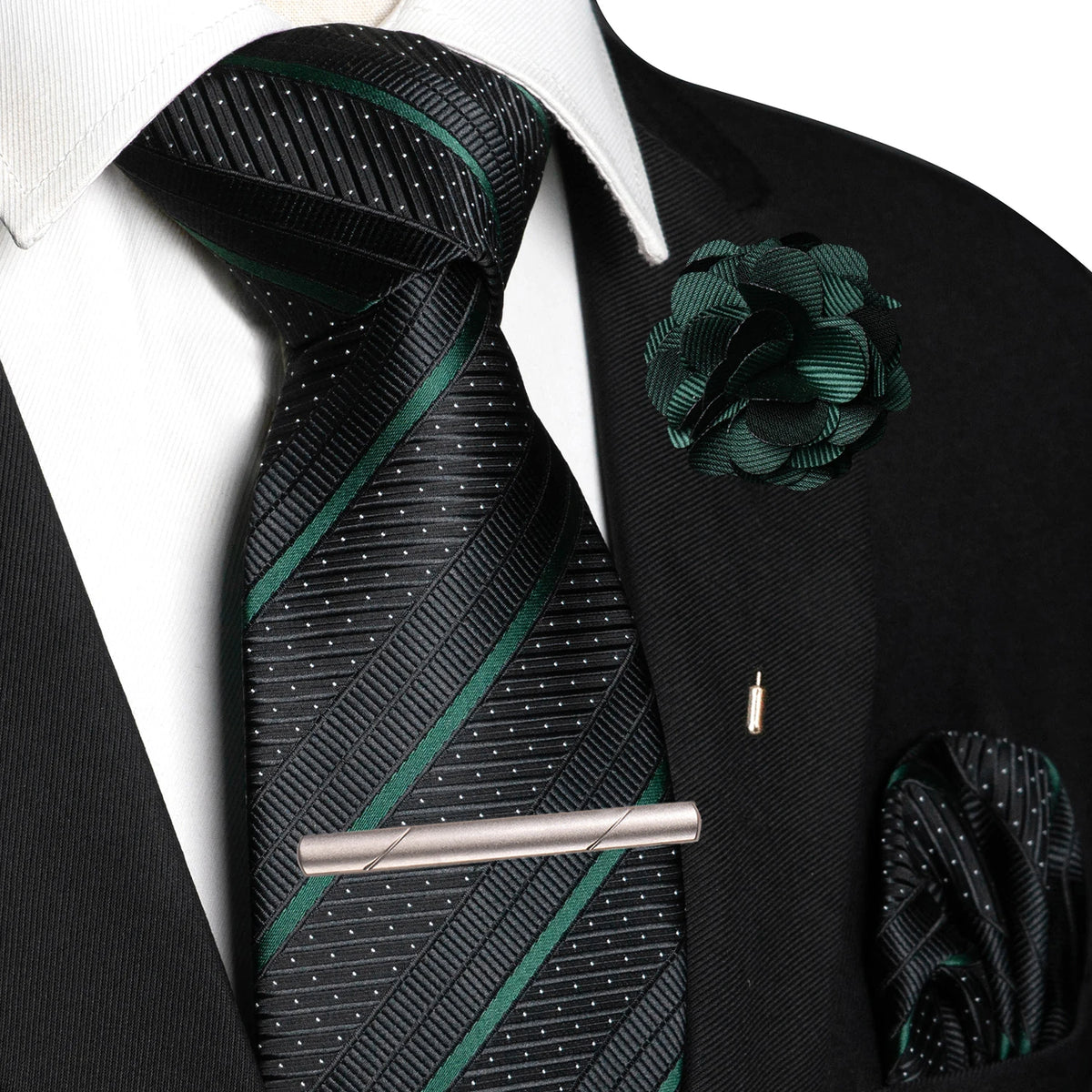 Green Pocket Square Lapel Pin Clip Set Wedding Tie