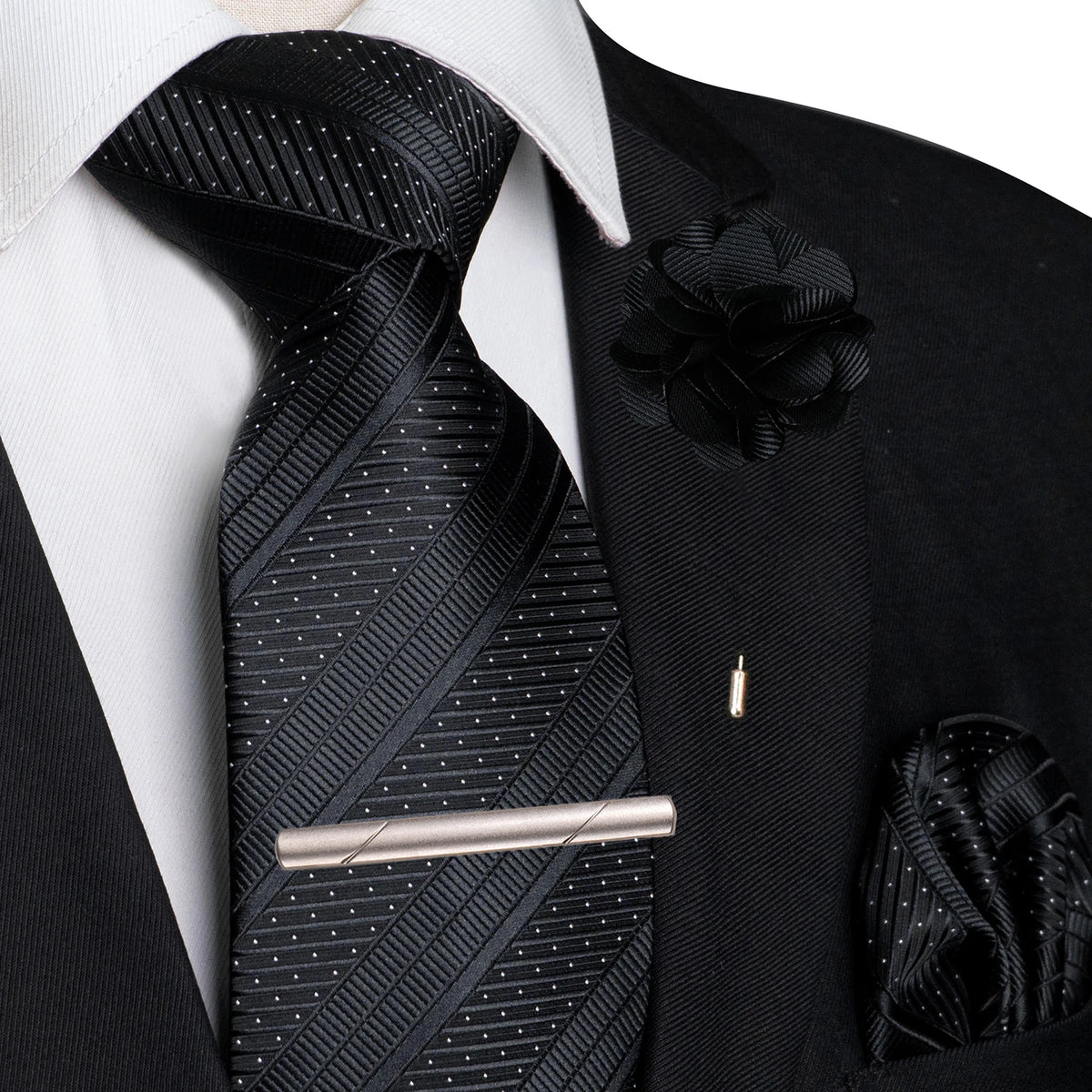 Black Pocket Square Lapel Pin Clip Set Wedding Tie
