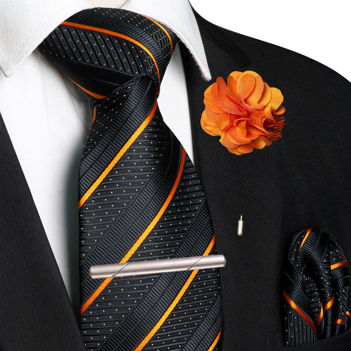 Orange Pocket Square Lapel Pin Clip Set Wedding Tie