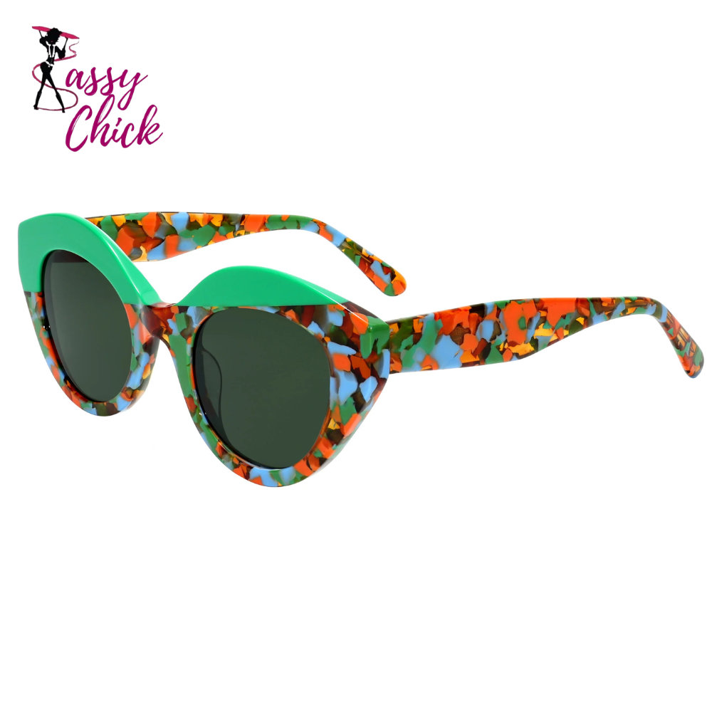 Polarized Retro Asymmetric Cat Acetate UV400 Sunglasses Sassy Chick Logo
