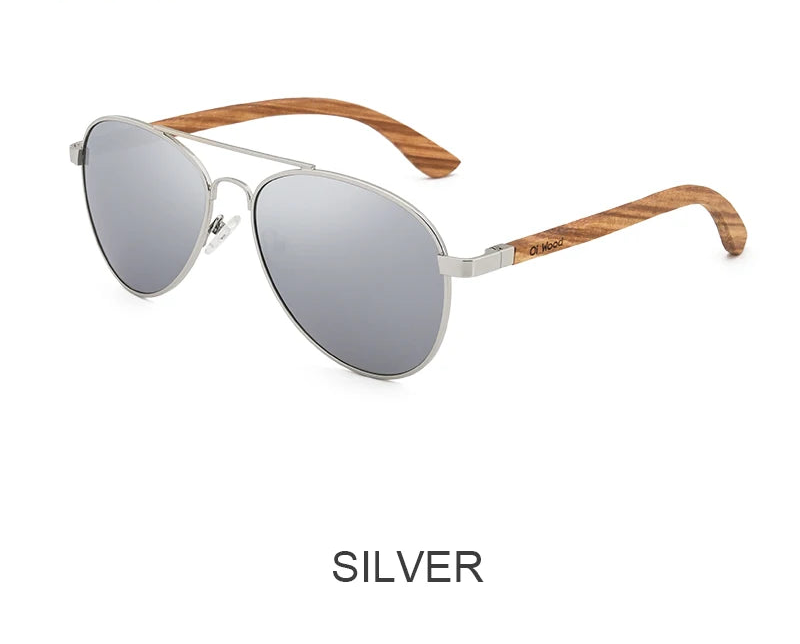 Silver Polarized Wood Blue Uv400 Lens Pilot Sunglasses
