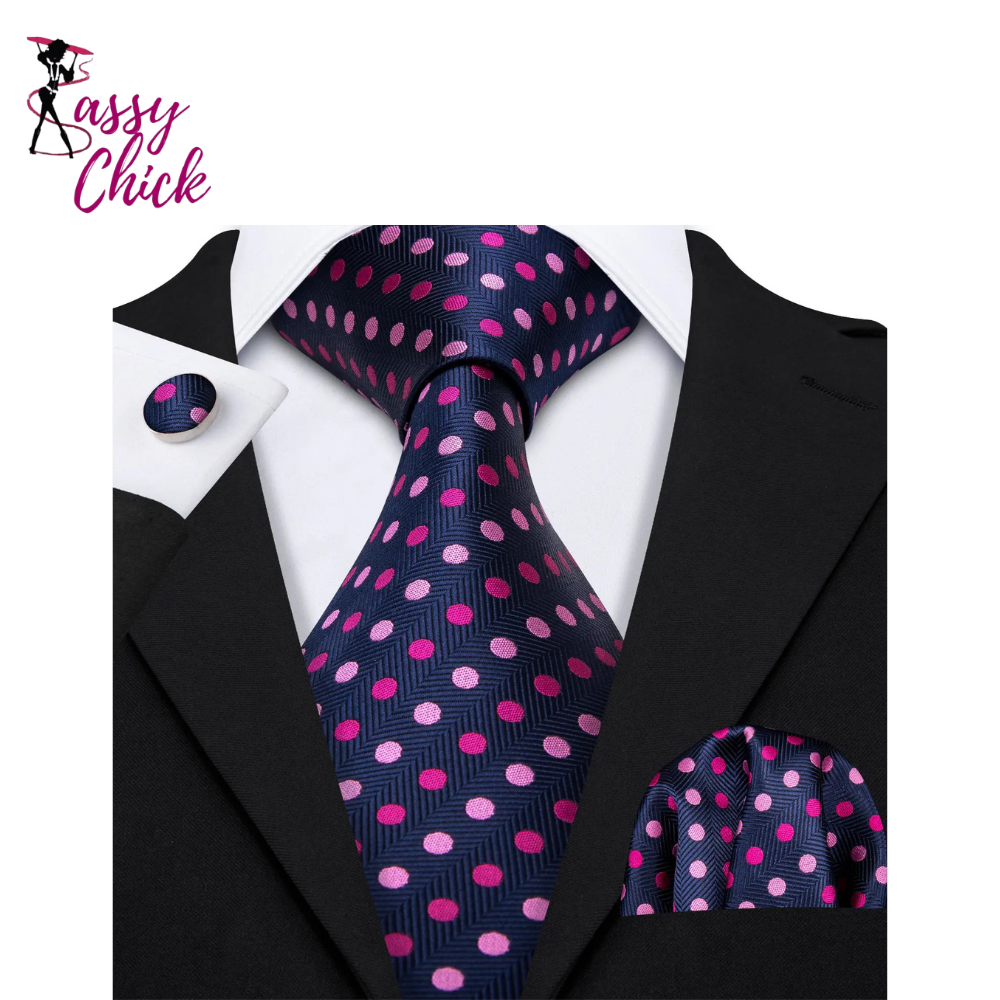 Polka Dot Jacquard Silk Pocket Square Cufflinks Tie Set Sassy Chick Logo