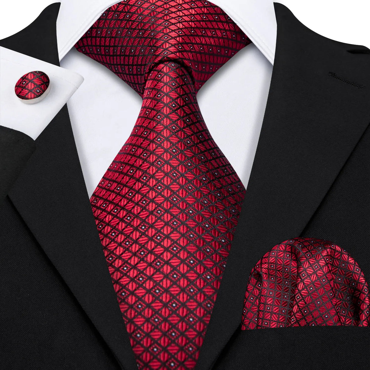 Red Polka Dot Jacquard Silk Pocket Square Cufflinks Tie Set