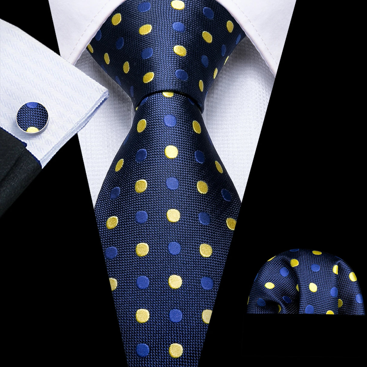 Blue Polka Dot Jacquard Silk Pocket Square Cufflinks Tie Set