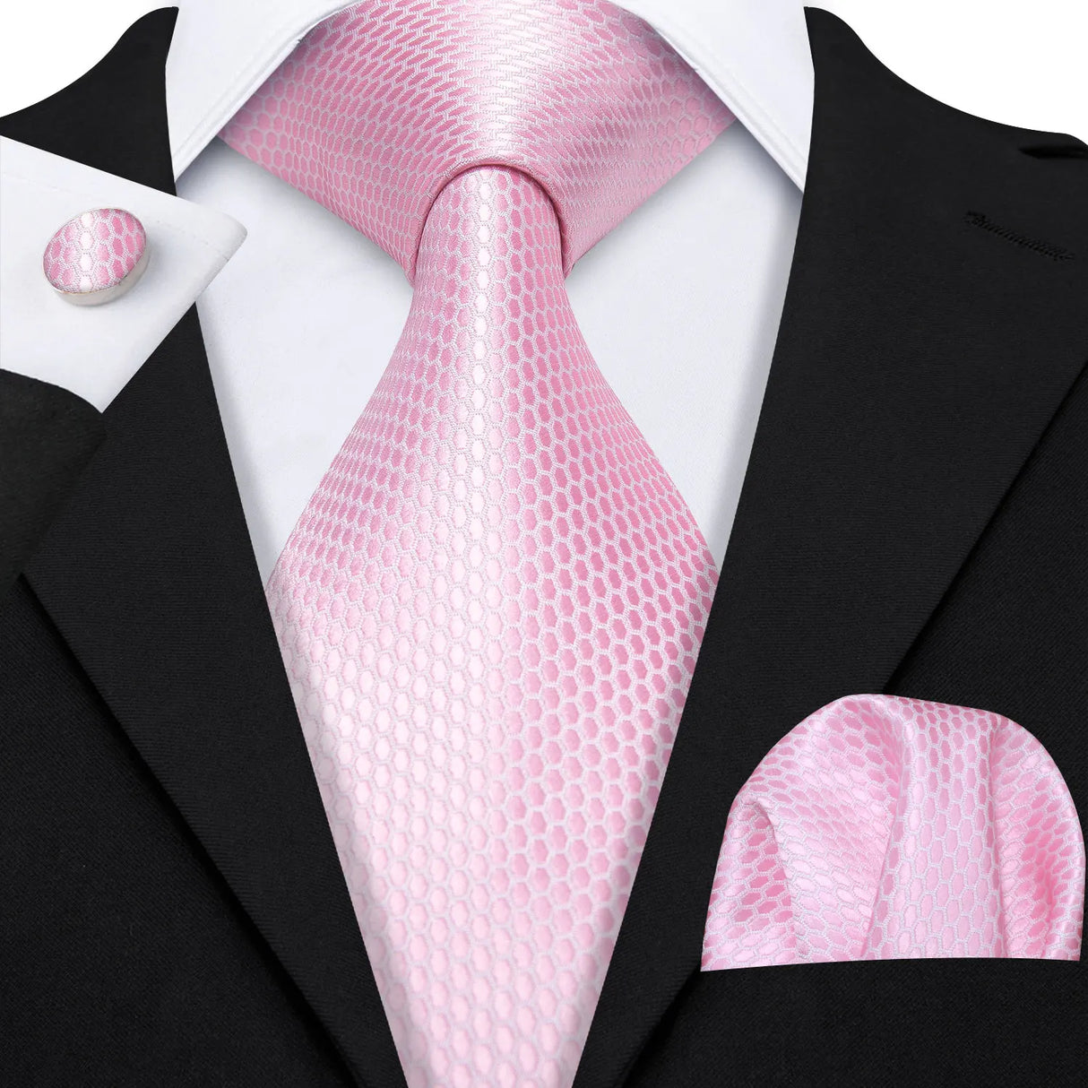 Pink Polka Dot Jacquard Silk Pocket Square Cufflinks Tie Set
