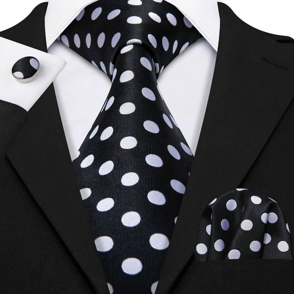 Black Polka Dot Jacquard Silk Pocket Square Cufflinks Tie Set