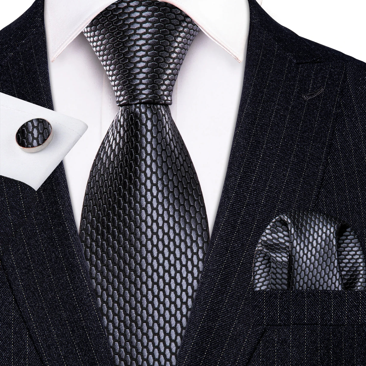 Black Polka Dot Jacquard Silk Pocket Square Cufflinks Tie Set