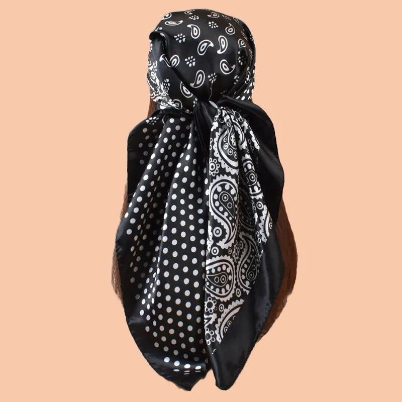 Black Polka Dot Square Twill Silk Scarf Shawl Hijab Bandana