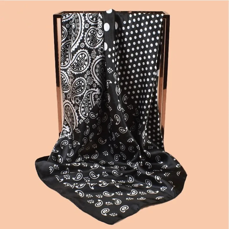 Black Polka Dot Square Twill Silk Scarf Shawl Hijab Bandana