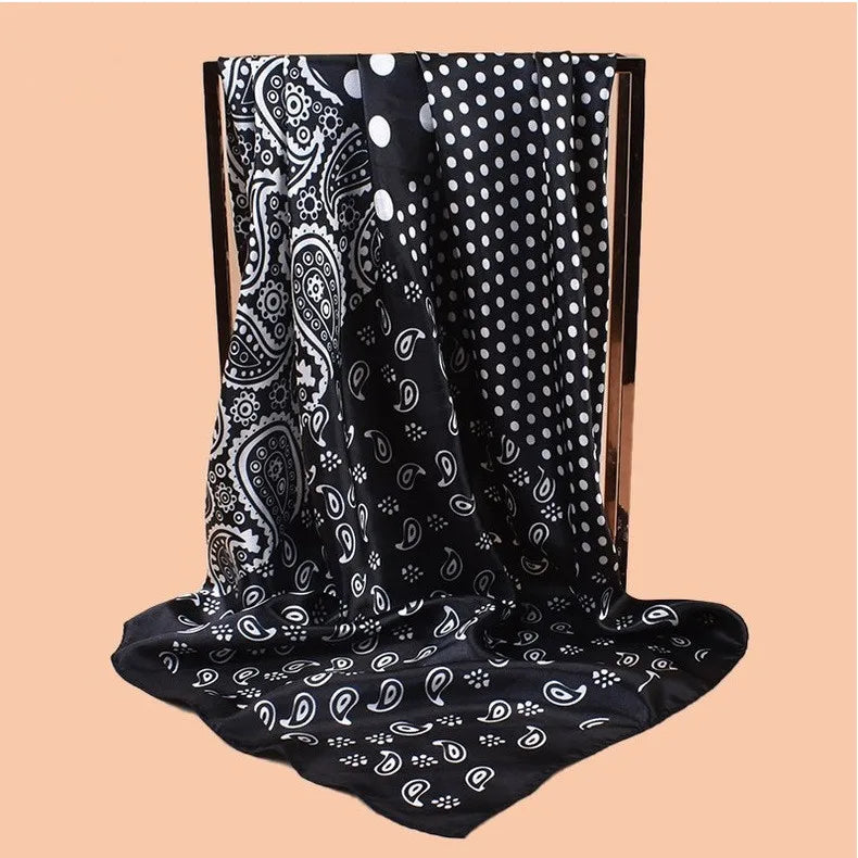 Black Polka Dot Square Twill Silk Scarf Shawl Hijab Bandana
