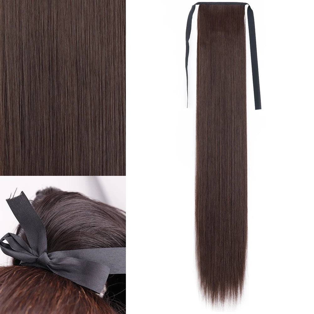Brown Ponytail Hair Extension Synthetic Long Straight Wrap