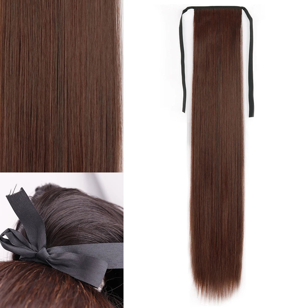 Red Ponytail Hair Extension Synthetic Long Straight Wrap