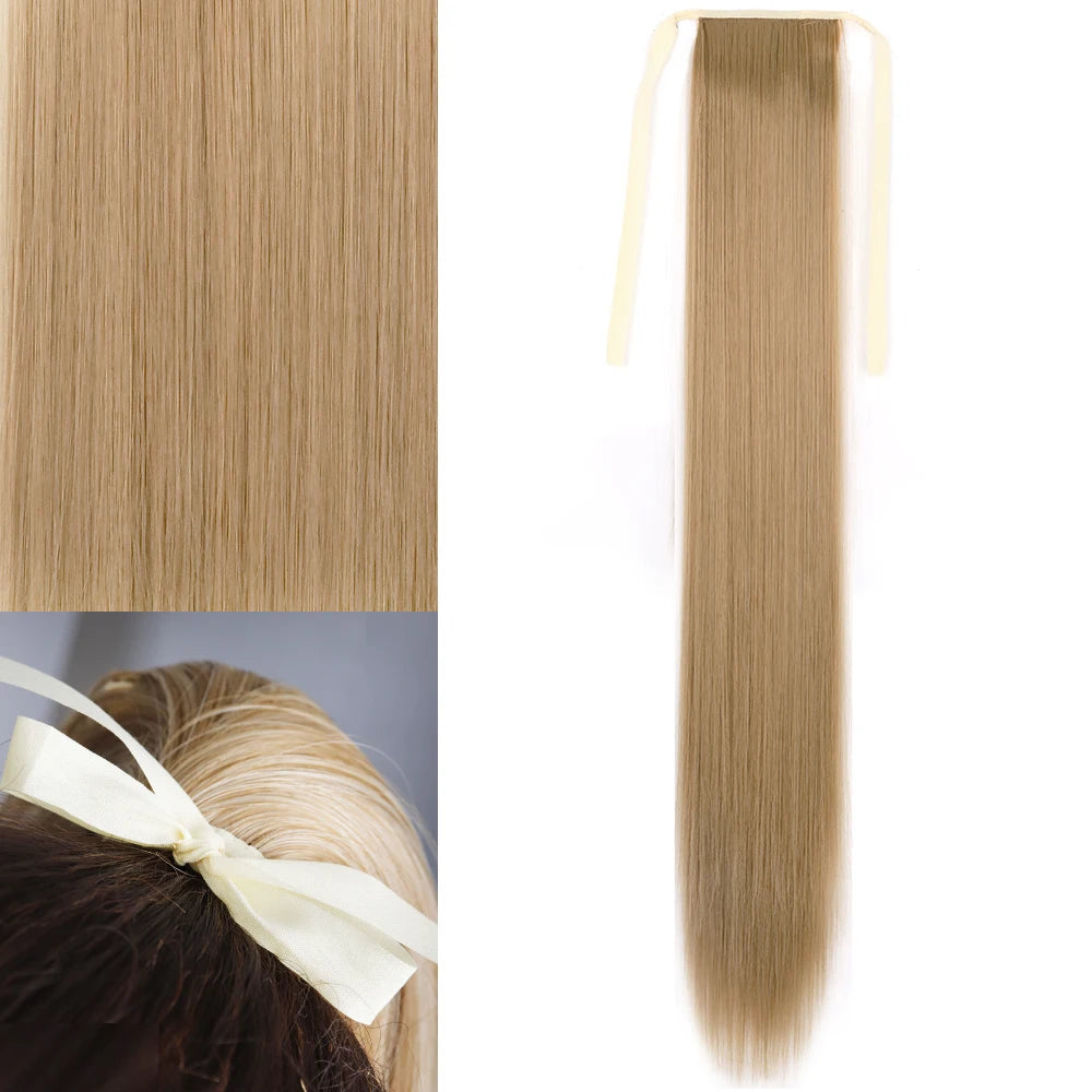 Brown Ponytail Hair Extension Synthetic Long Straight Wrap