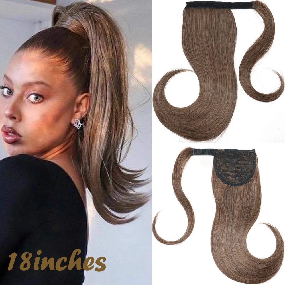 Brown Ponytail Hair Extension Synthetic Long Straight Wrap