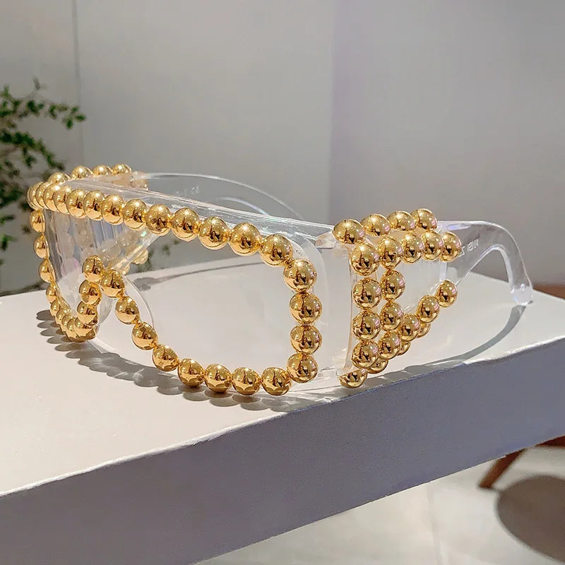 Gold Punk Pearl Oversized Square Sunglasses