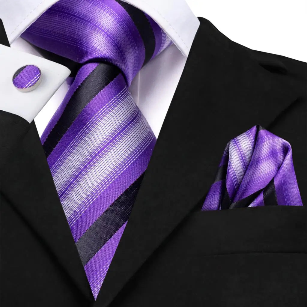 Purple Black Striped Silk Hanky Cufflink Tie