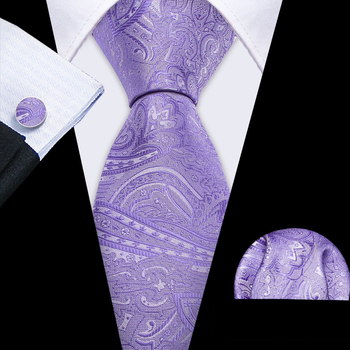 Purple Lilac Lavender Silk Handkerchief Cufflink Tie