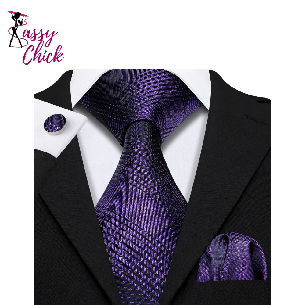 Purple Silk Jacquard Handkerchief Cufflinks Tie Set Sassy Chick Logo