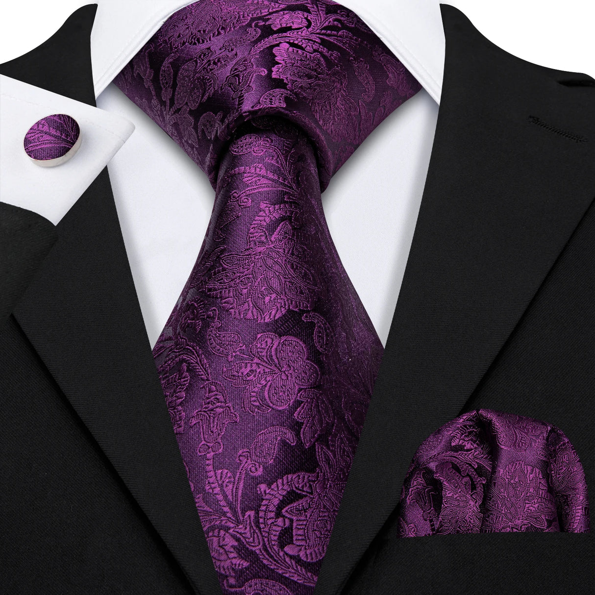 Purple Silk Jacquard Handkerchief Cufflinks Tie Set
