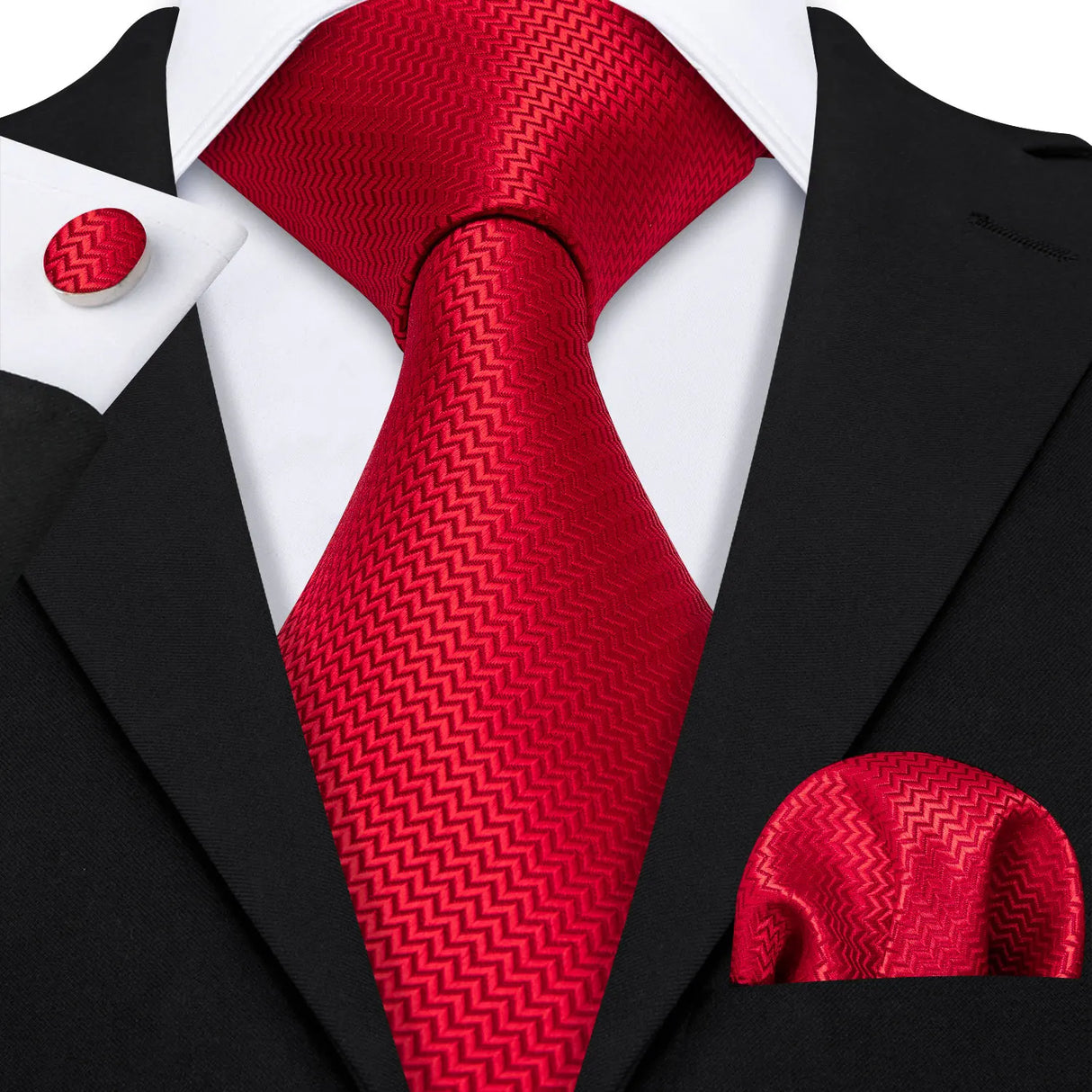 Red Silk Jacquard Handkerchief Cufflinks Tie Set