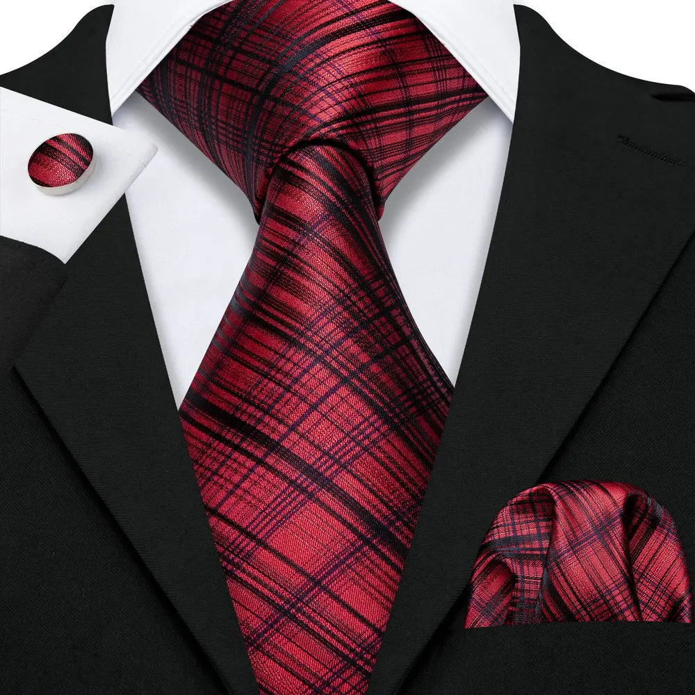 Red Silk Jacquard Handkerchief Cufflinks Tie Set