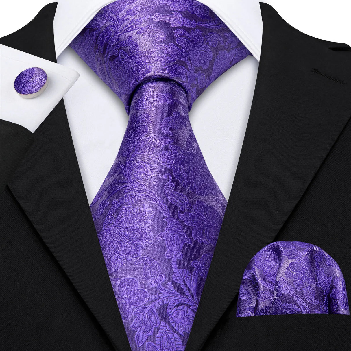 Purple Silk Jacquard Handkerchief Cufflinks Tie Set