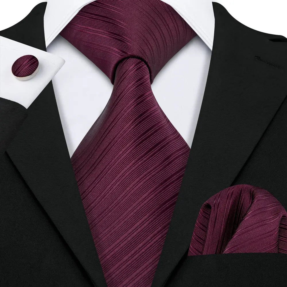 Maroon Silk Jacquard Handkerchief Cufflinks Tie Set