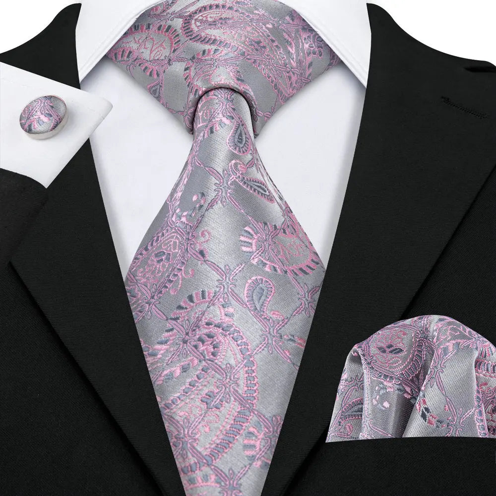 Gray Purple Silk Jacquard Handkerchief Cufflinks Tie Set
