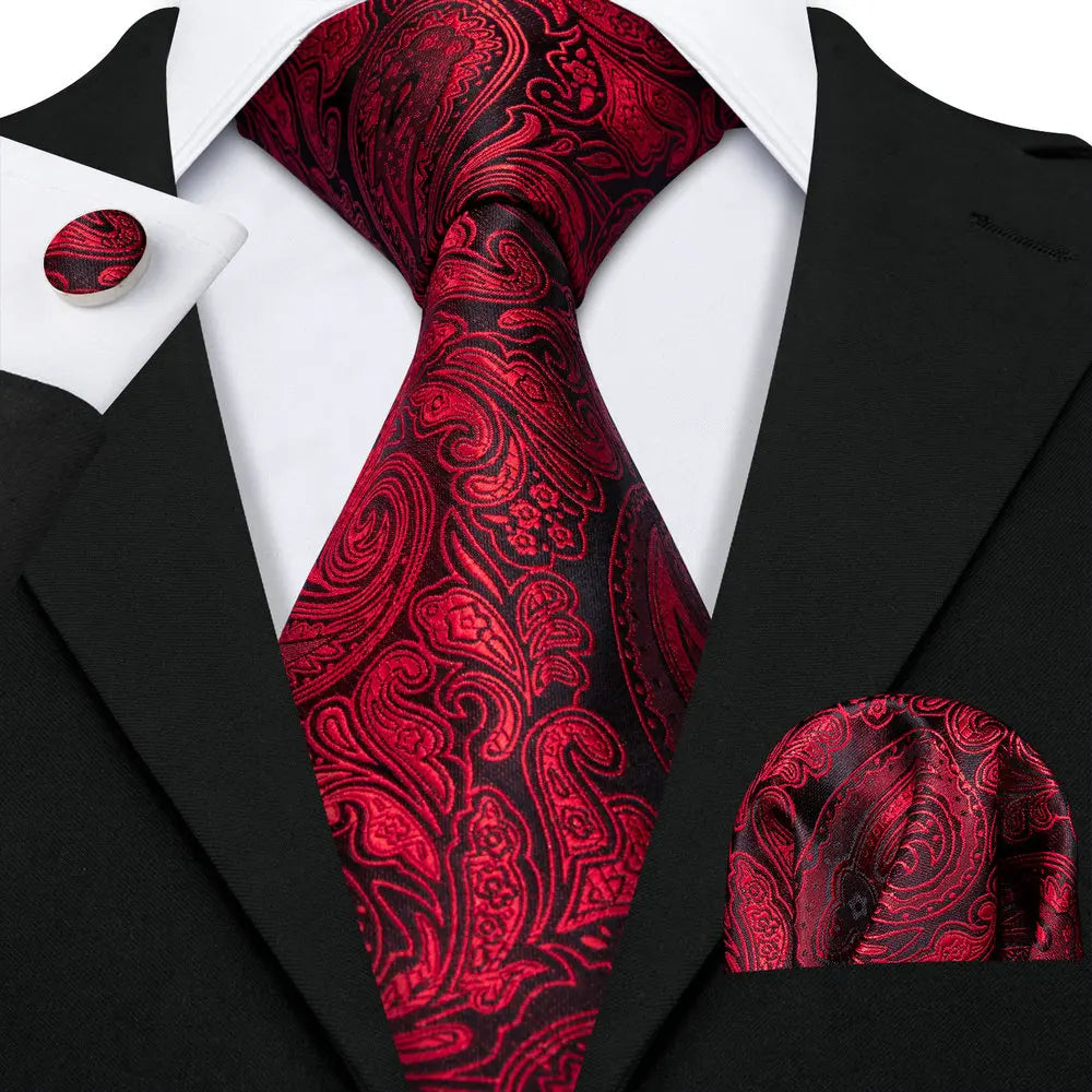 Red Silk Jacquard Handkerchief Cufflinks Tie Set
