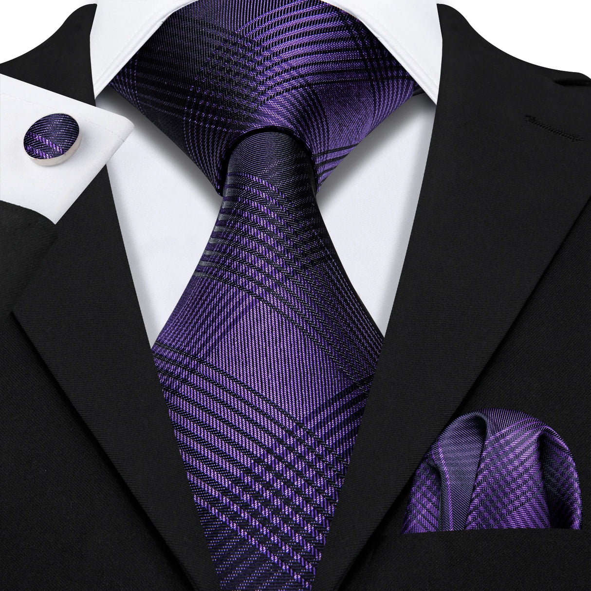 Purple Silk Jacquard Handkerchief Cufflinks Tie Set