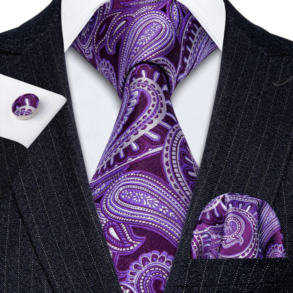 Purple Silk Jacquard Handkerchief Cufflinks Tie Set