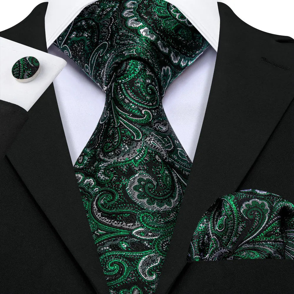 Green Silk Jacquard Handkerchief Cufflinks Tie Set