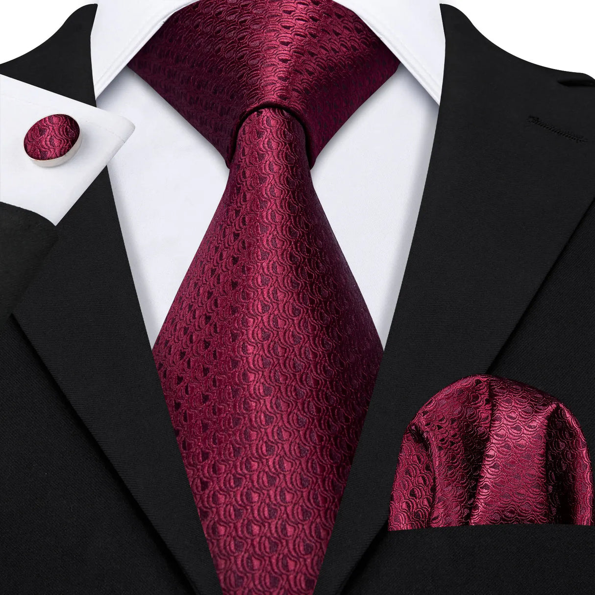 Red Silk Jacquard Handkerchief Cufflinks Tie Set
