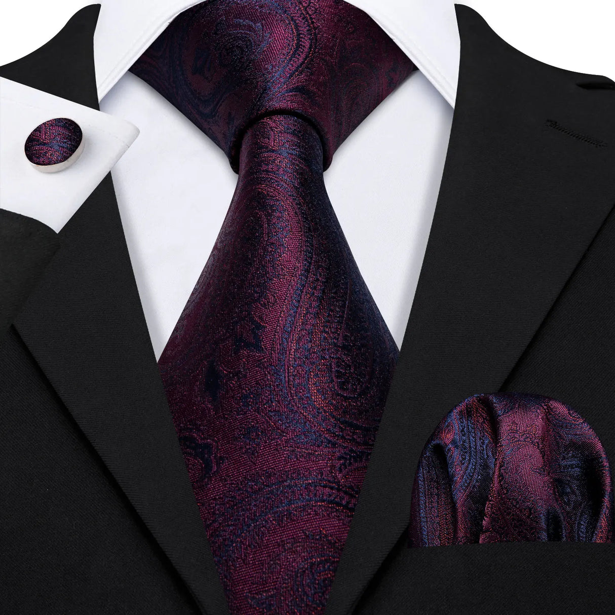Purple Silk Jacquard Handkerchief Cufflinks Tie Set