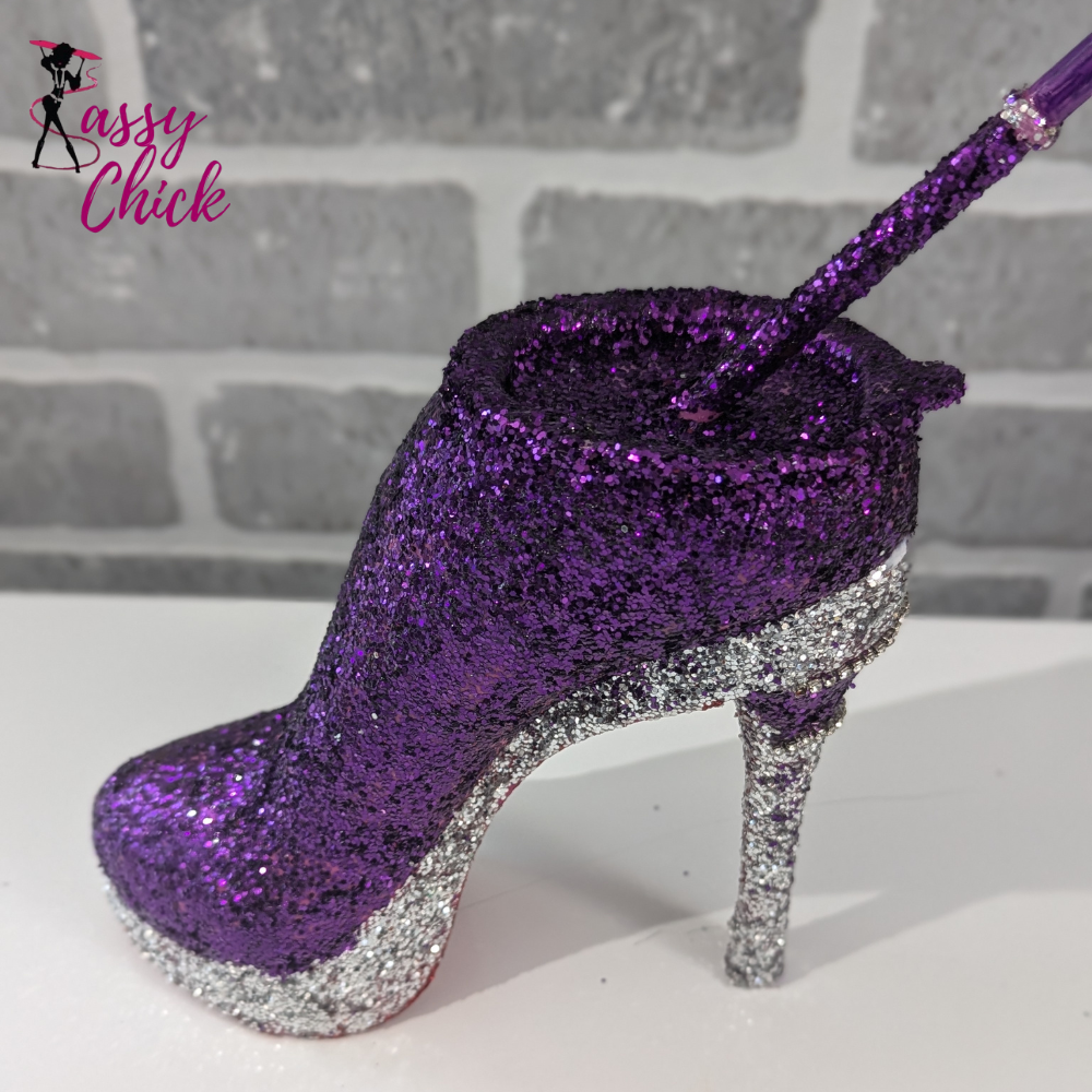 Purple Stiletto Heel Tumbler Cup Sassy Chick Logo