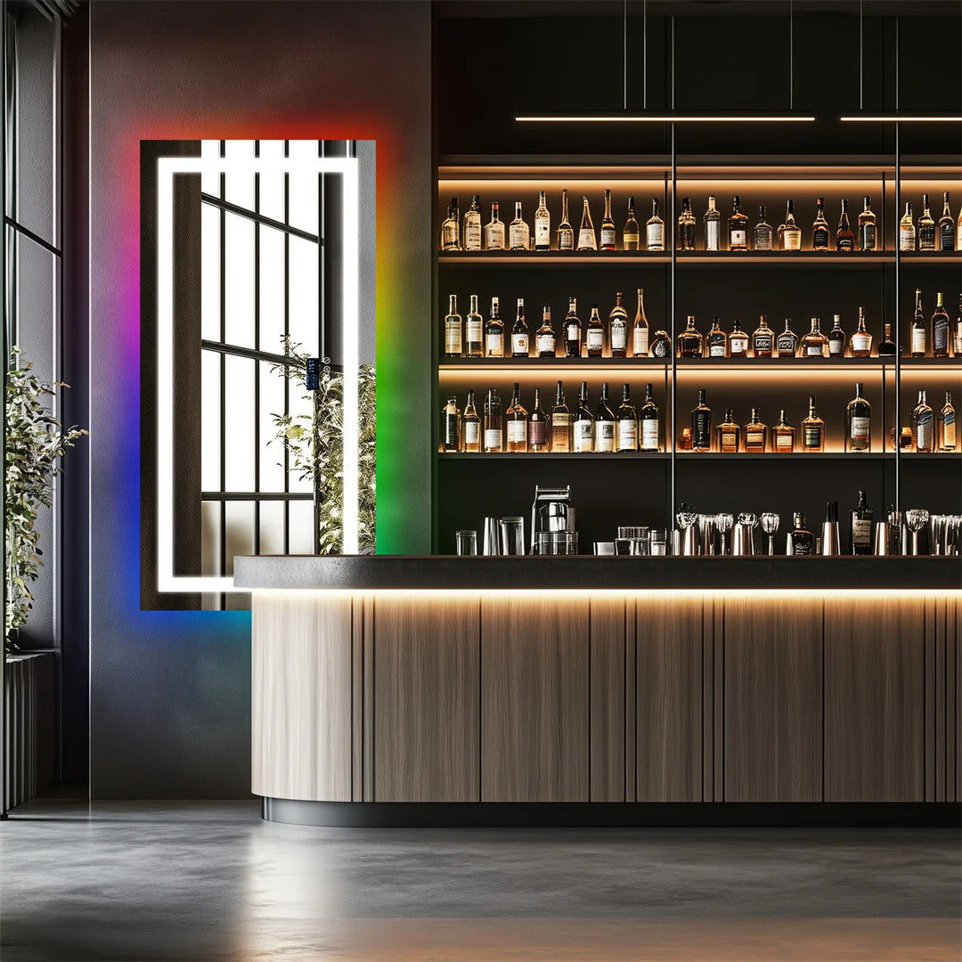 Large rectangular RGB LED backlit bathroom mirror with Bluetooth speaker, wall-mounted