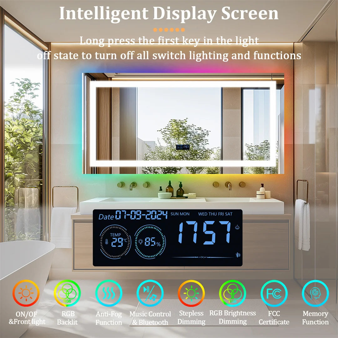 Large rectangular RGB LED backlit bathroom mirror with Bluetooth speaker, wall-mounted