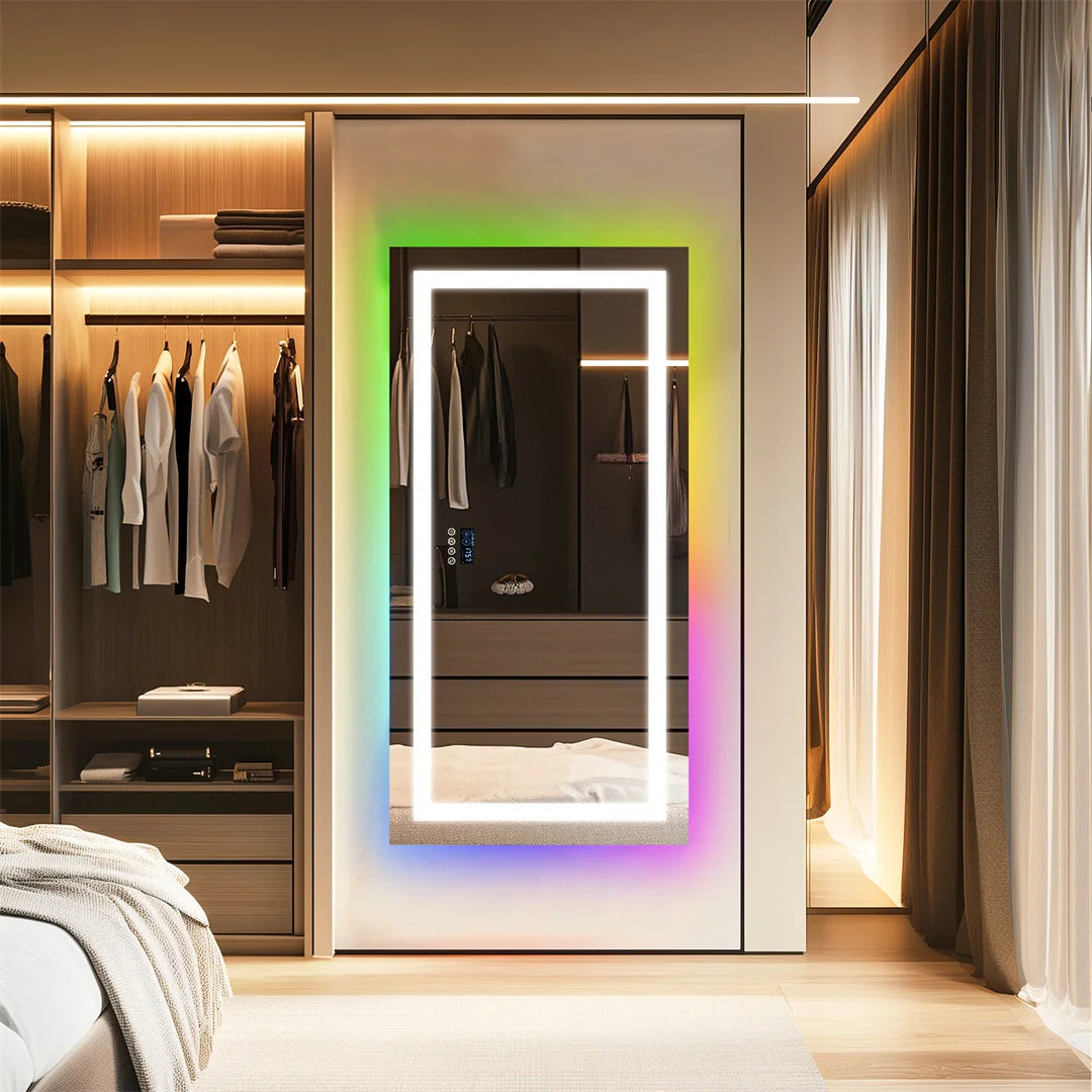 Large rectangular RGB LED backlit bathroom mirror with Bluetooth speaker, wall-mounted