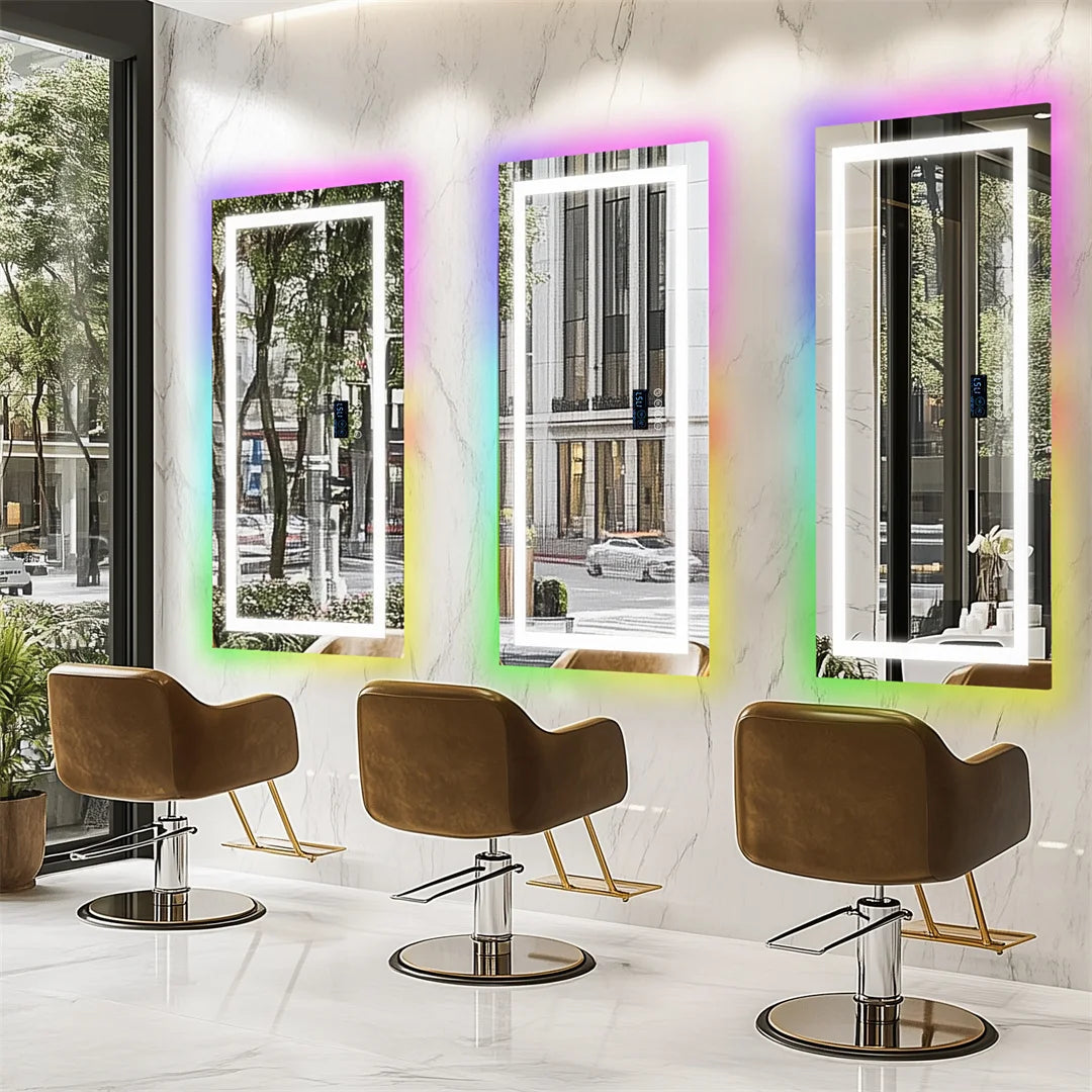 Large rectangular RGB LED backlit bathroom mirror with Bluetooth speaker, wall-mounted