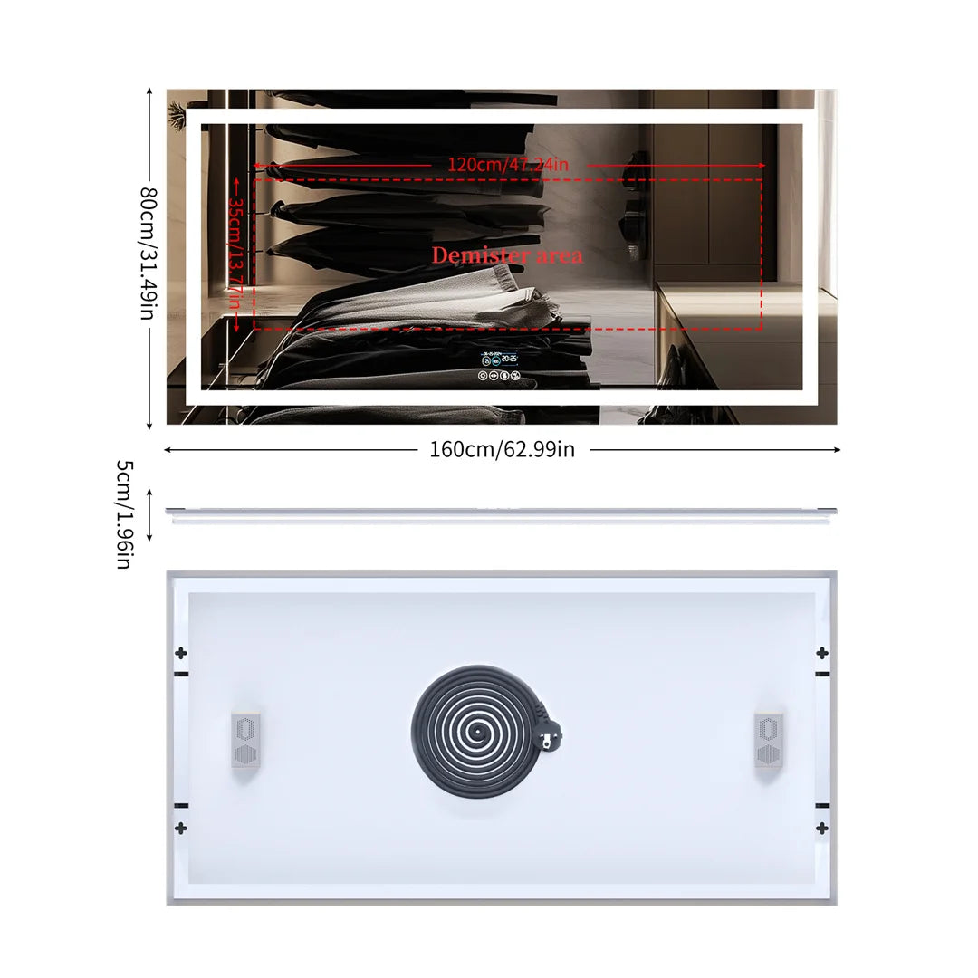 Large rectangular RGB LED backlit bathroom mirror with Bluetooth speaker, wall-mounted