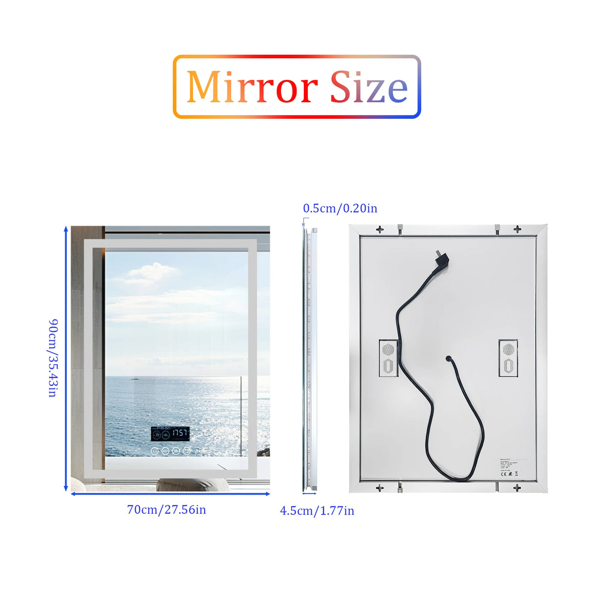 Large rectangular RGB LED backlit bathroom mirror with Bluetooth speaker, wall-mounted