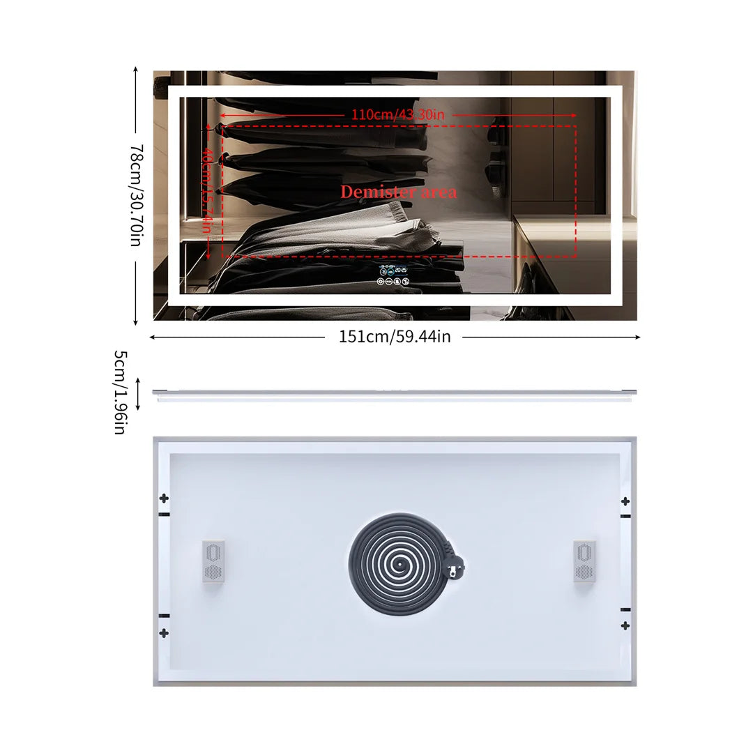 Large rectangular RGB LED backlit bathroom mirror with Bluetooth speaker, wall-mounted