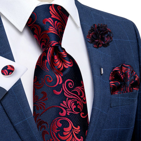 Red Floral Blue Silk Ties